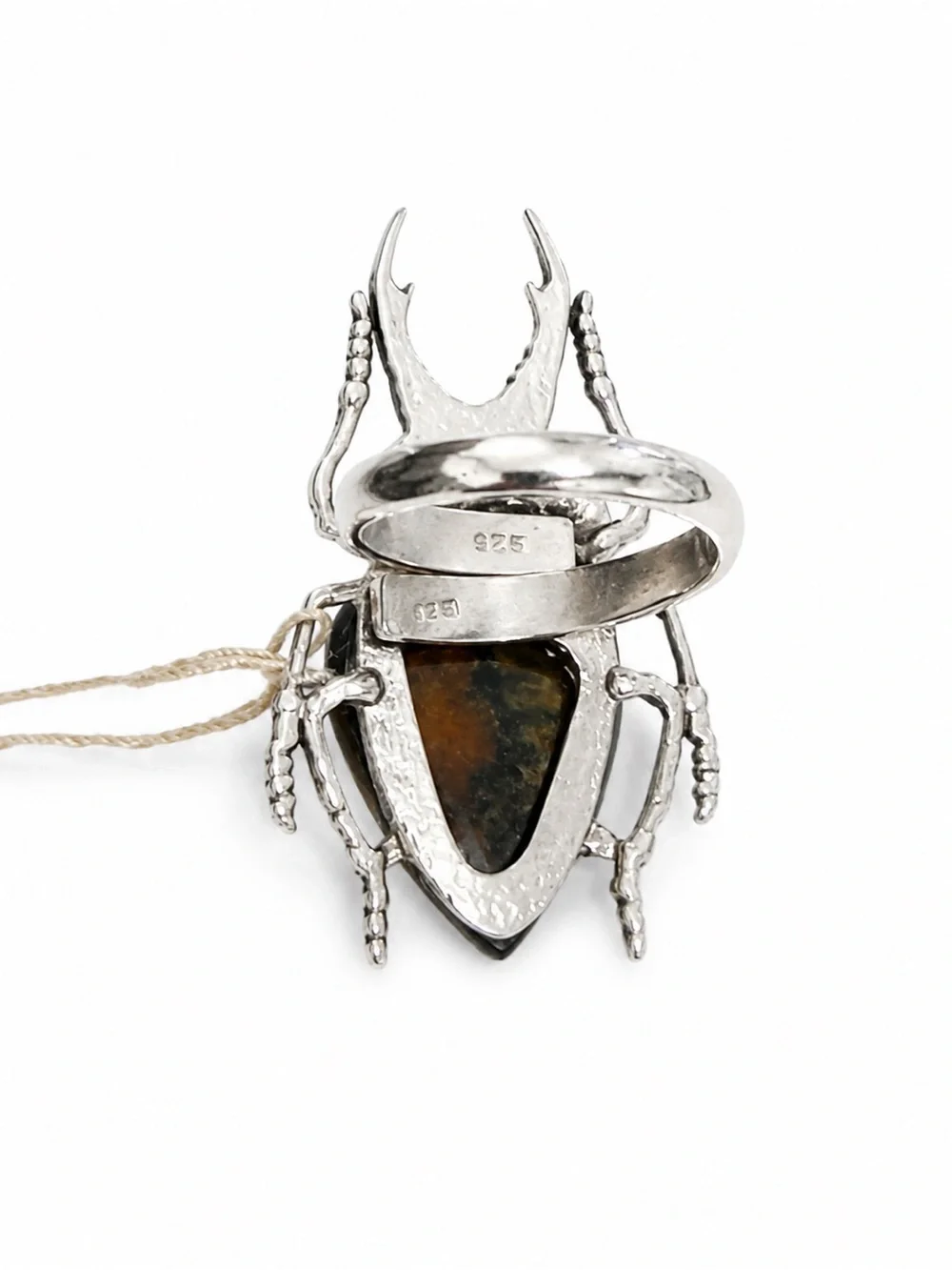 Silver Beetle Ring with Amber Stone - Brown